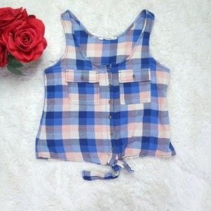 Vanilla Star Women's Medium Cotton Flannel Tank Top Knot Plaid Pink Blue